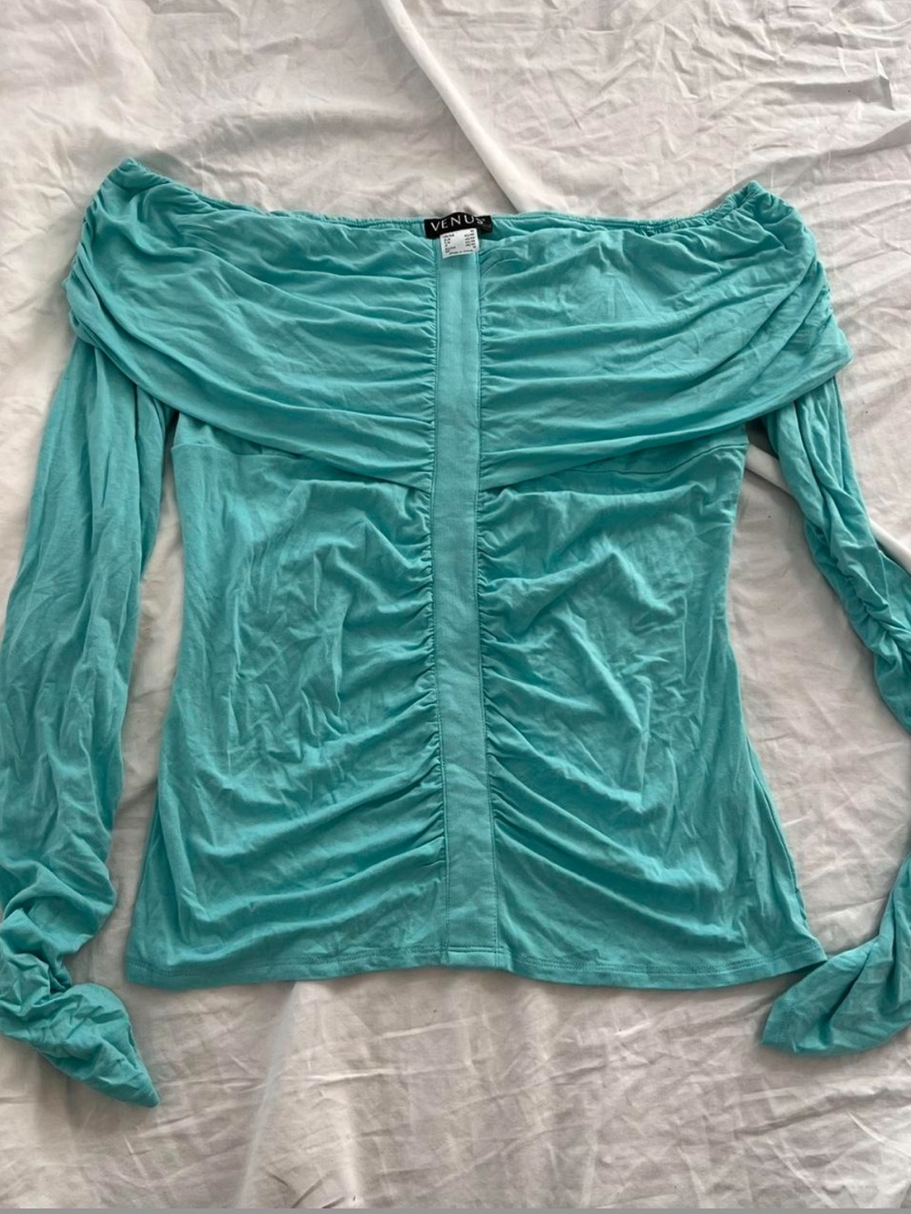 VENUS Off-the-Shoulder Long Sleeve Top in Aqua Blue